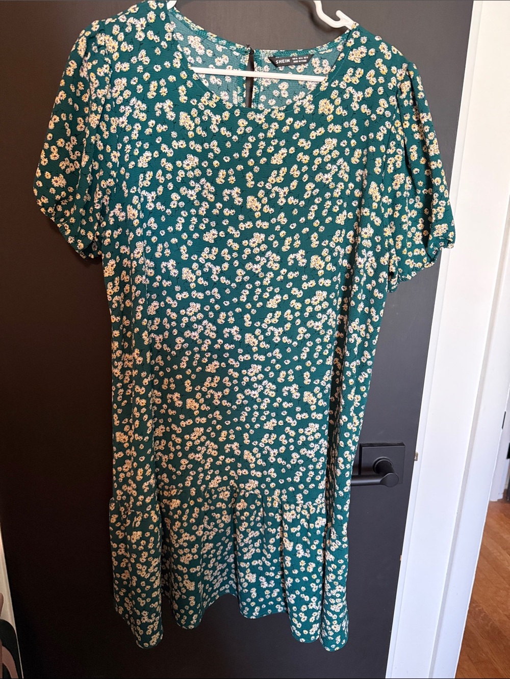 SHEIN Teal Green Floral Short Sleeve Ruffle-Hem Dress